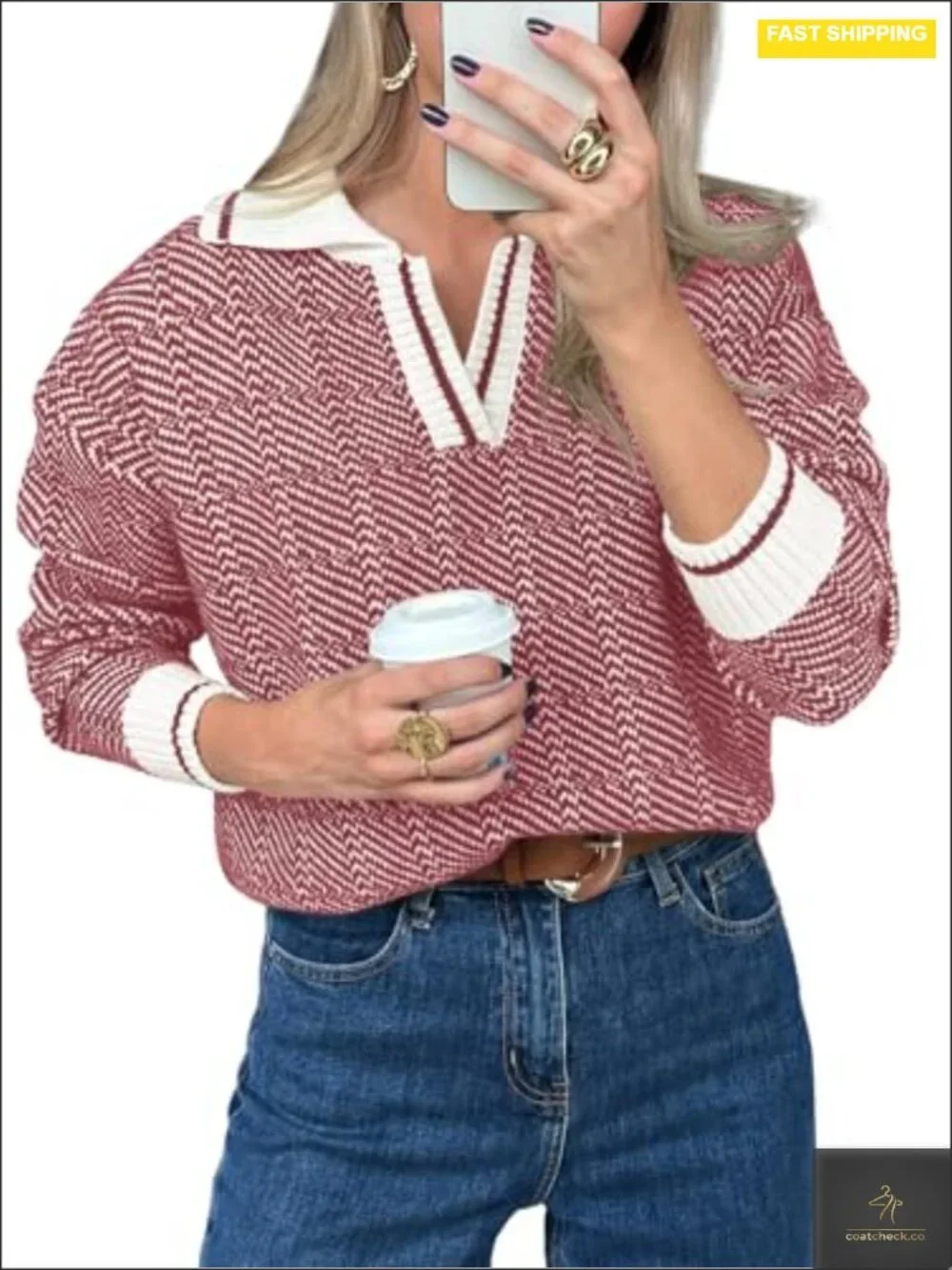 Women's V-Neck Lapel Color Block Chunky Knit Pullover Sweater Long Sleeve